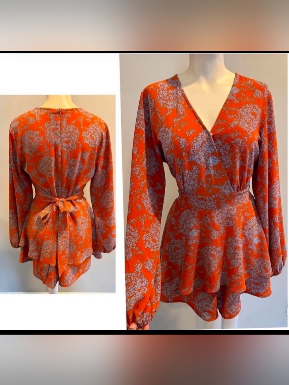 Classic Fashion Rust Floral Long Sleeve Romper Skort Size L